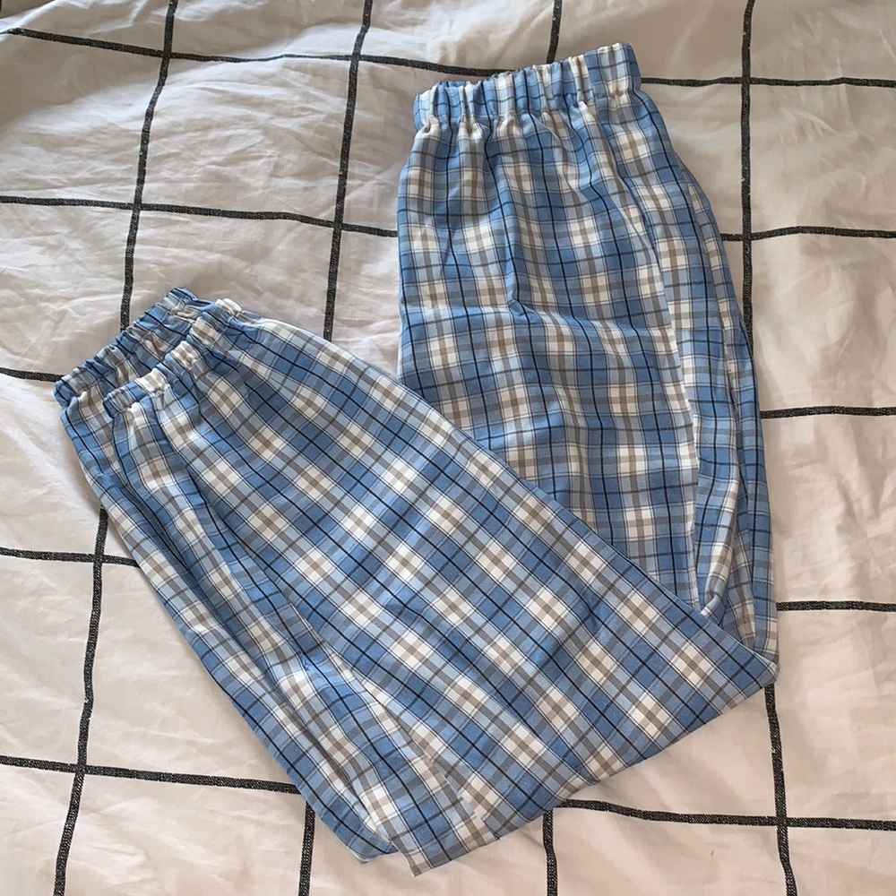 Medium light blue and white plaid pants